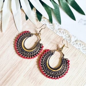 2/$30🌵 Antiqued Gold Boho Red Hollow Hoop Earrings Bohemian Jewelry Gift NEW